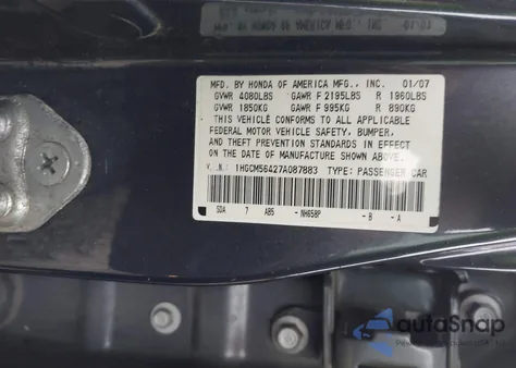 2007 Honda Accord 2.4 Lx из США, поврежденный, VIN 1HGCM56427A087883